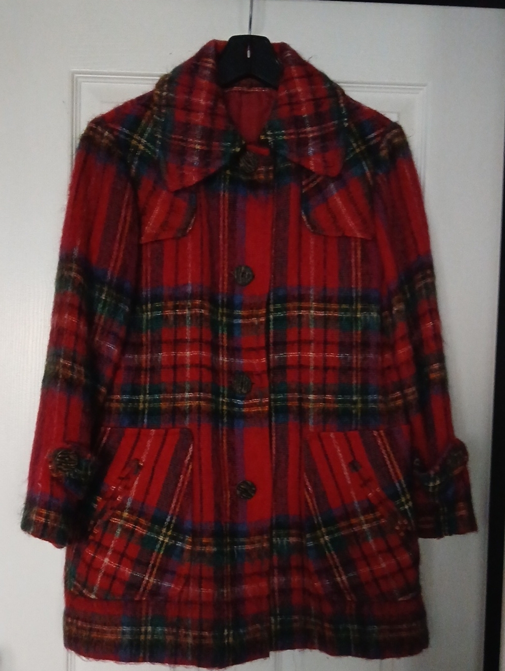 Red Plaid Wool Blend Coat - Women's Jacket